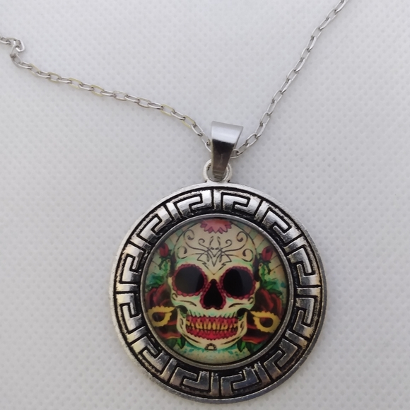 COPY - Handmade Tattooed Skull Cabochon on Aztec Stainless Steel Pendant & 20" … - Picture 2 of 3